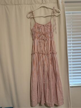 En Saison Dusty Pink and White Striped Tiered Midi Dress